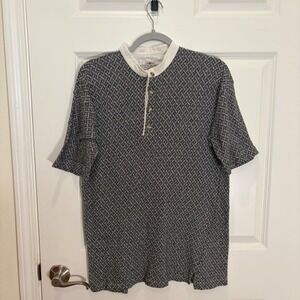 Vintage Cotton Mill Mens Navy White Geometric Basketweave Henley Shirt Large